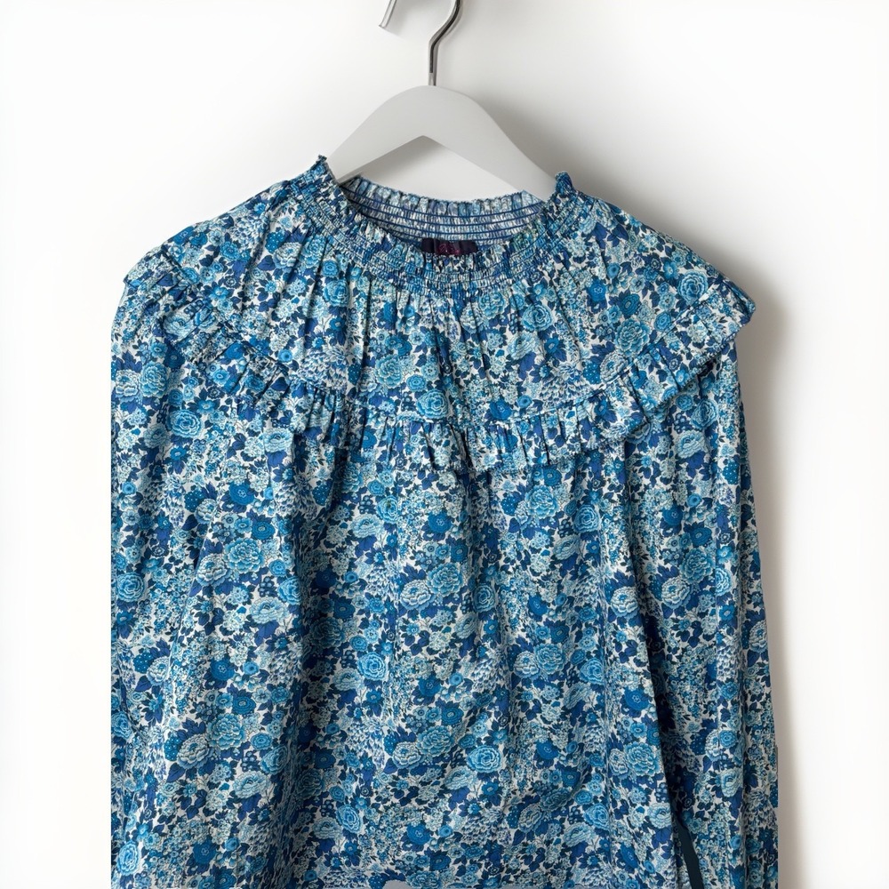 J. Crew Liberty Fabrics Blue Floral Elysian Day Print Smocked Ruffle Blouse Sz M